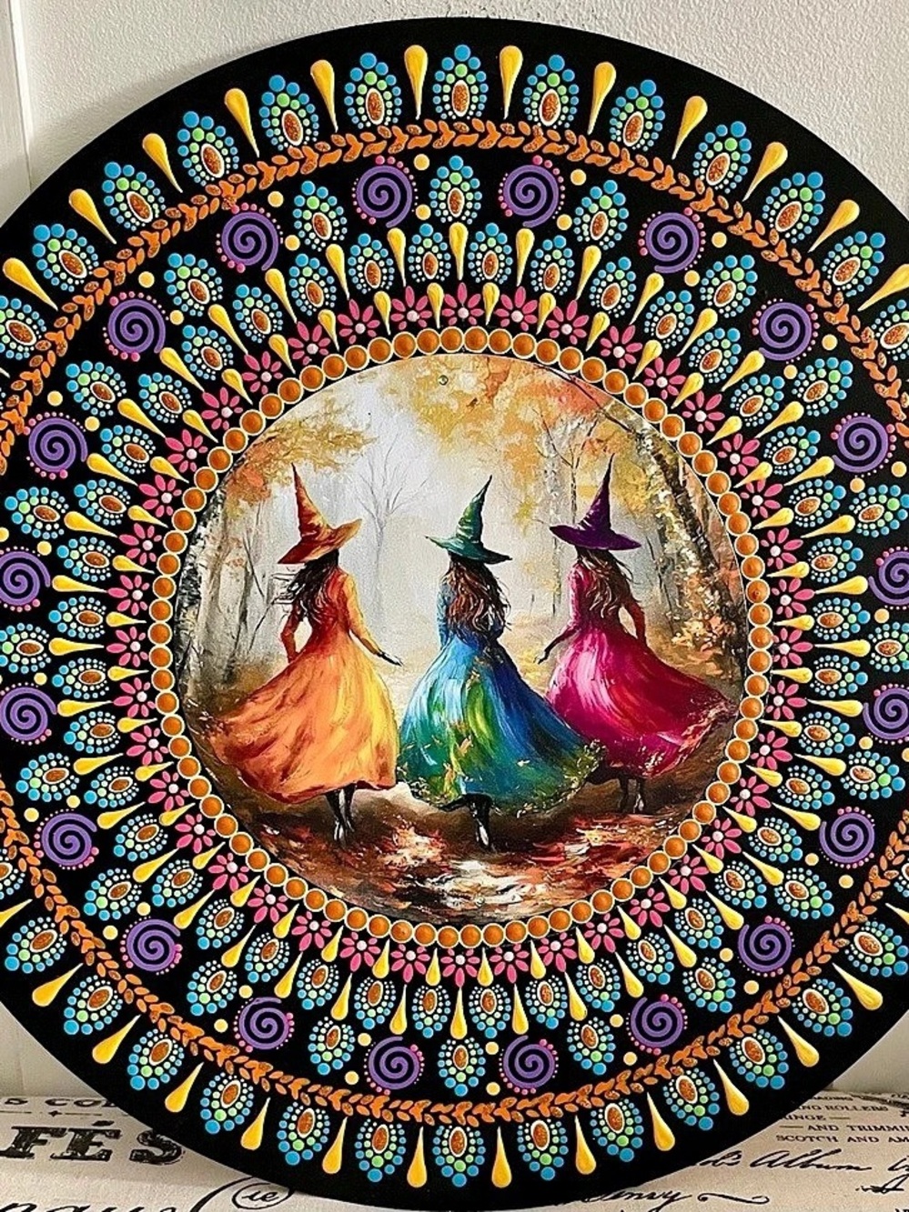 Handpainted Round Witch Plaque on 16 inch wood round.